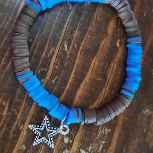 💜 3/$20 Handmade bracelet 6mm polymer clay beads star charm blue and brown 6"